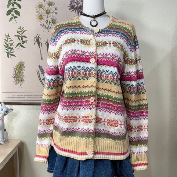 Vintage Y2k Fair Isle Knit Cardigan Sweater Winter Cottage Prairie Grandma M - Picture 2 of 7